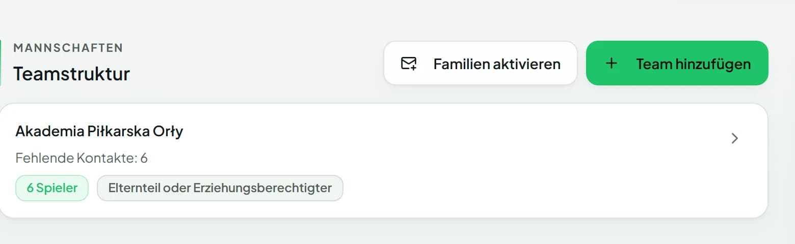 Der Bereich der Vereinsmannschaften im Admin-Panel mit der Schaltfläche „Team hinzufügen“.