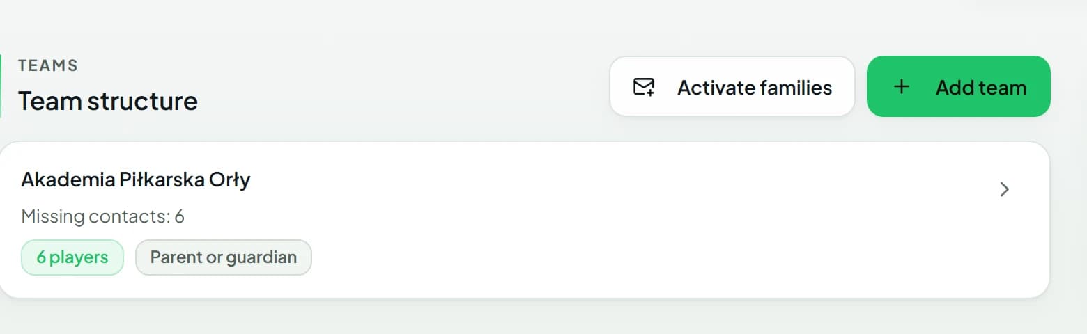 The club teams section in the administration panel with the “Add team” button.