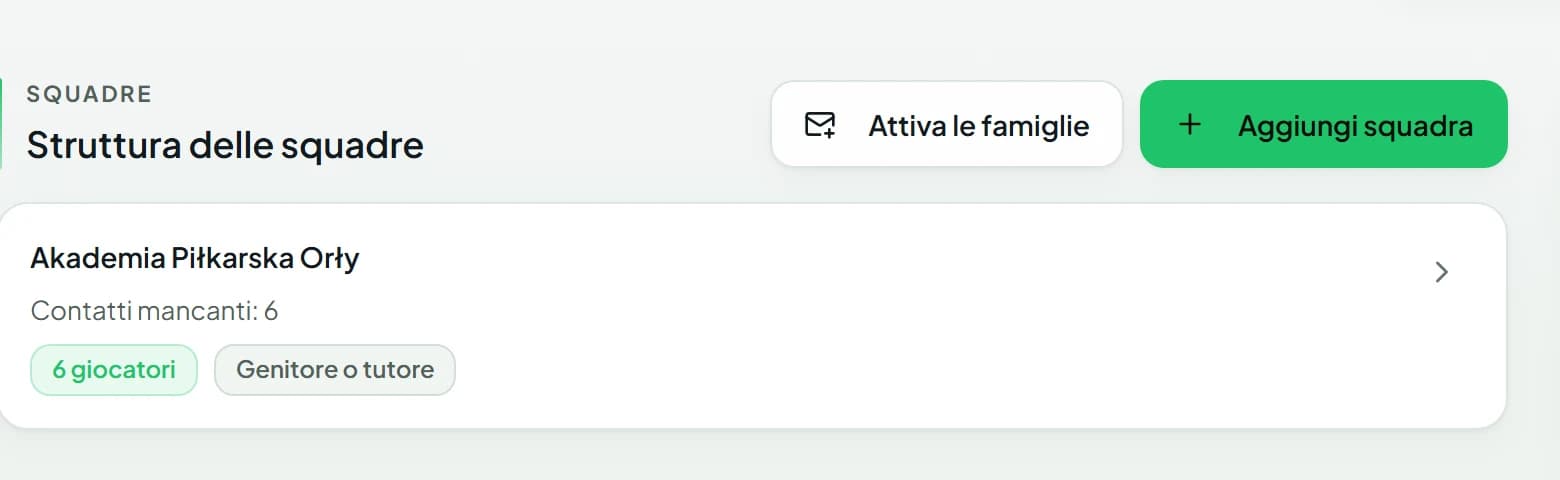 La sezione delle squadre del club nel pannello di amministrazione con il pulsante «Aggiungi squadra».