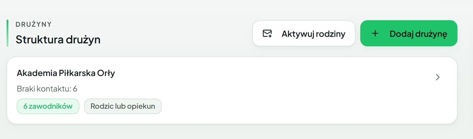 Sekcja „Struktura drużyn” w panelu administratora klubu z przyciskiem „Dodaj drużynę”.