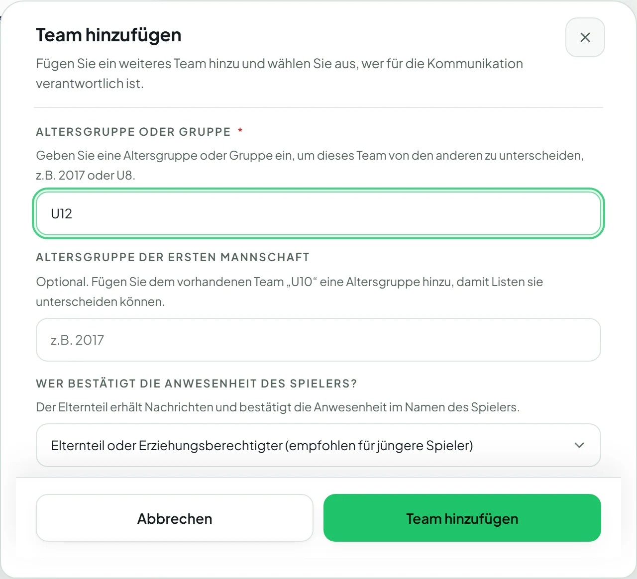Formular zum Hinzufügen einer Mannschaft mit der Altersgruppe U12.