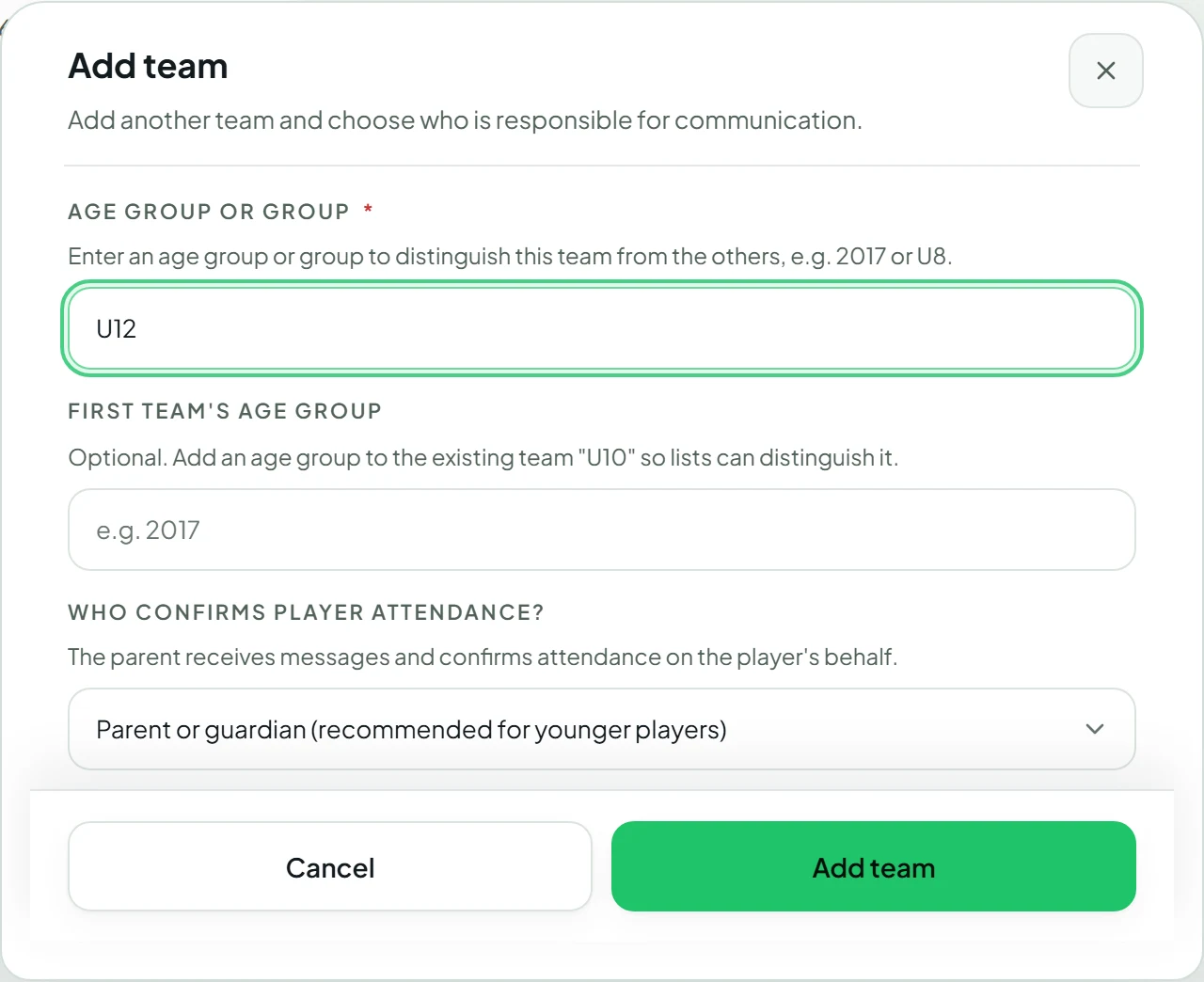 Add team form with the age group field filled in with U12.