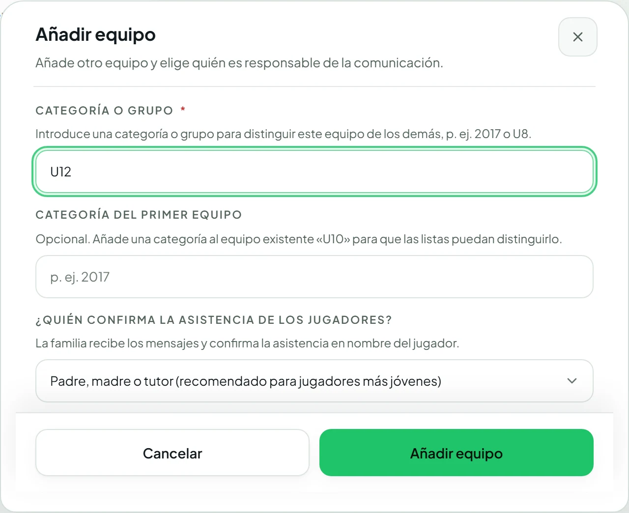 Formulario para añadir un equipo con el campo de categoría rellenado con U12.