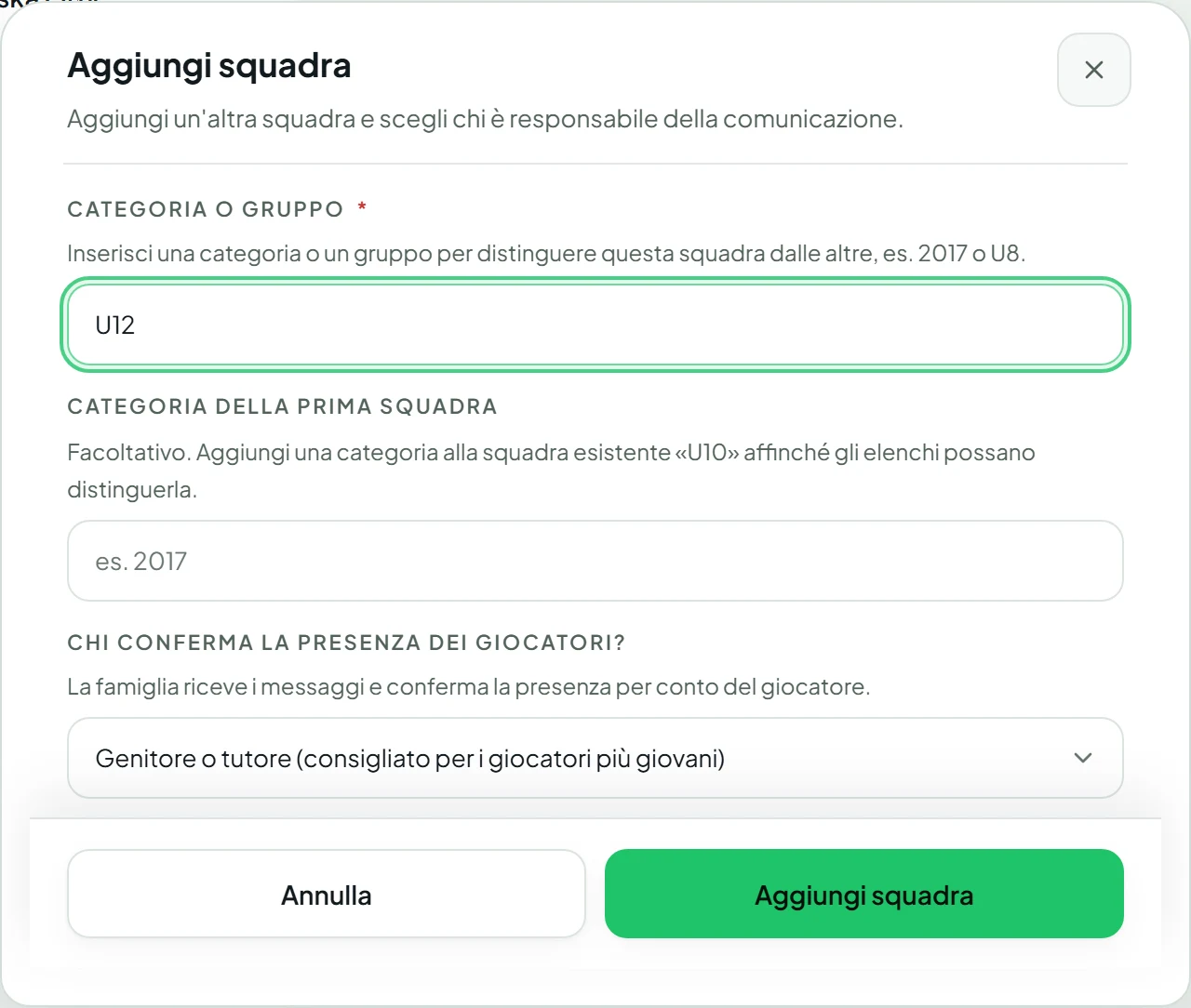 Modulo di aggiunta squadra con il campo annata compilato con U12.