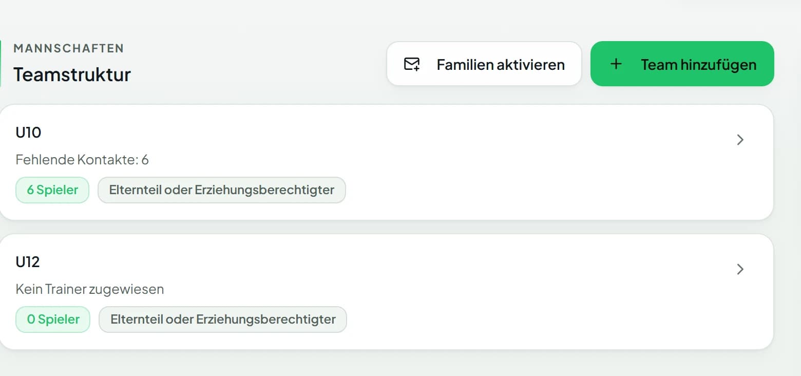 Mannschaftsliste mit zwei Teams: U10 mit sechs Spielern und dem neu hinzugefügten U12.